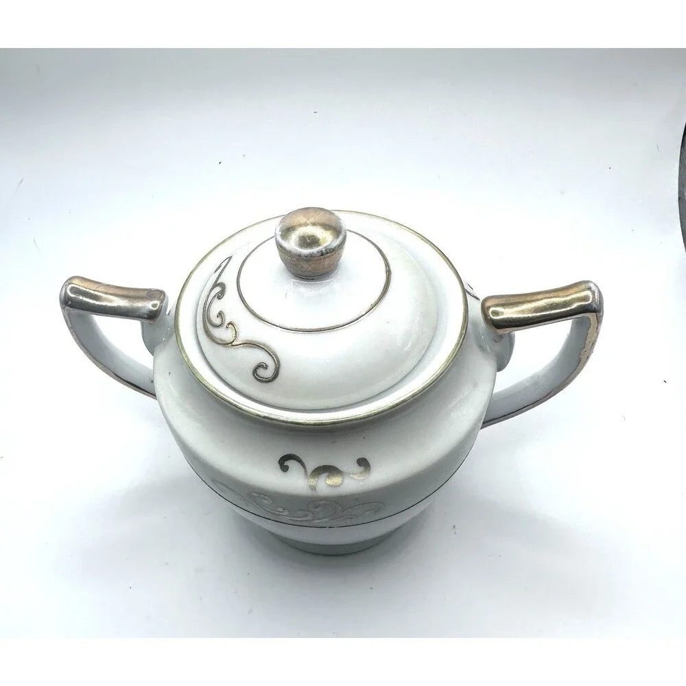 Vintage HANO Painted Japan Covered Sugar Bowl Gold Scroll Handles